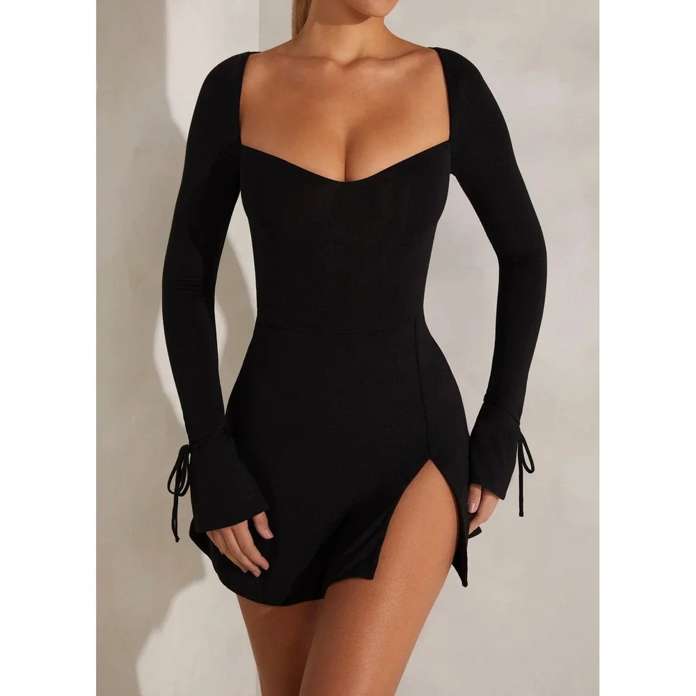 Oh Polly Black Long Sleeve Sweetheart Mini Dress‎ with Side Slit US 4 NWT